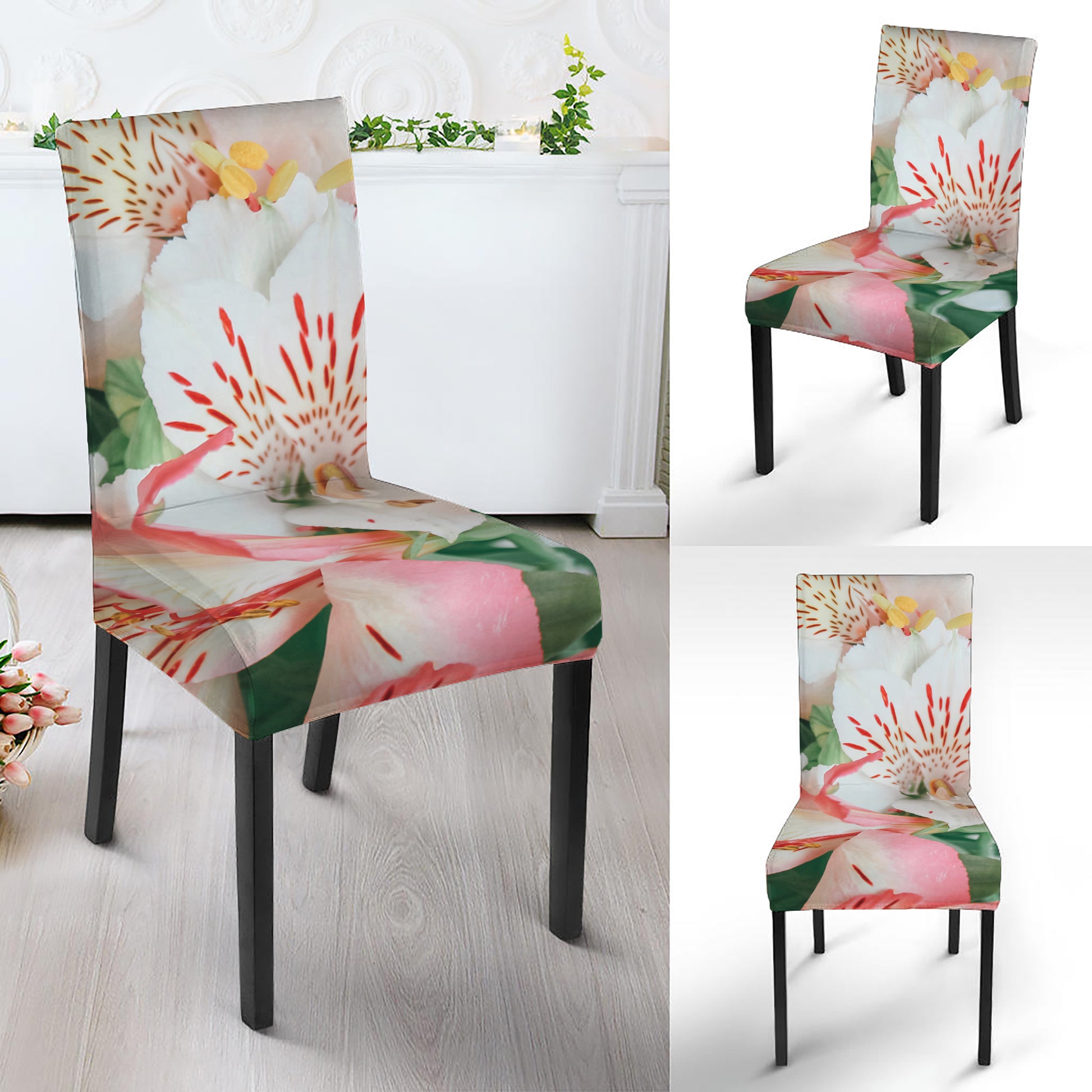 White And Pink Alstroemeria Print Dining Chair Slipcover