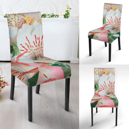 White And Pink Alstroemeria Print Dining Chair Slipcover