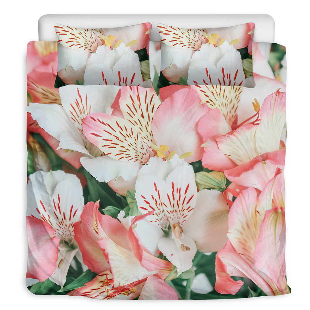 White And Pink Alstroemeria Print Duvet Cover Bedding Set