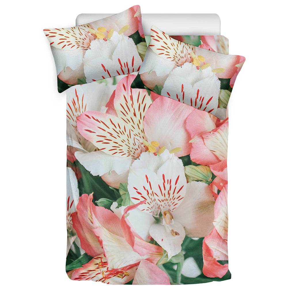 White And Pink Alstroemeria Print Duvet Cover Bedding Set