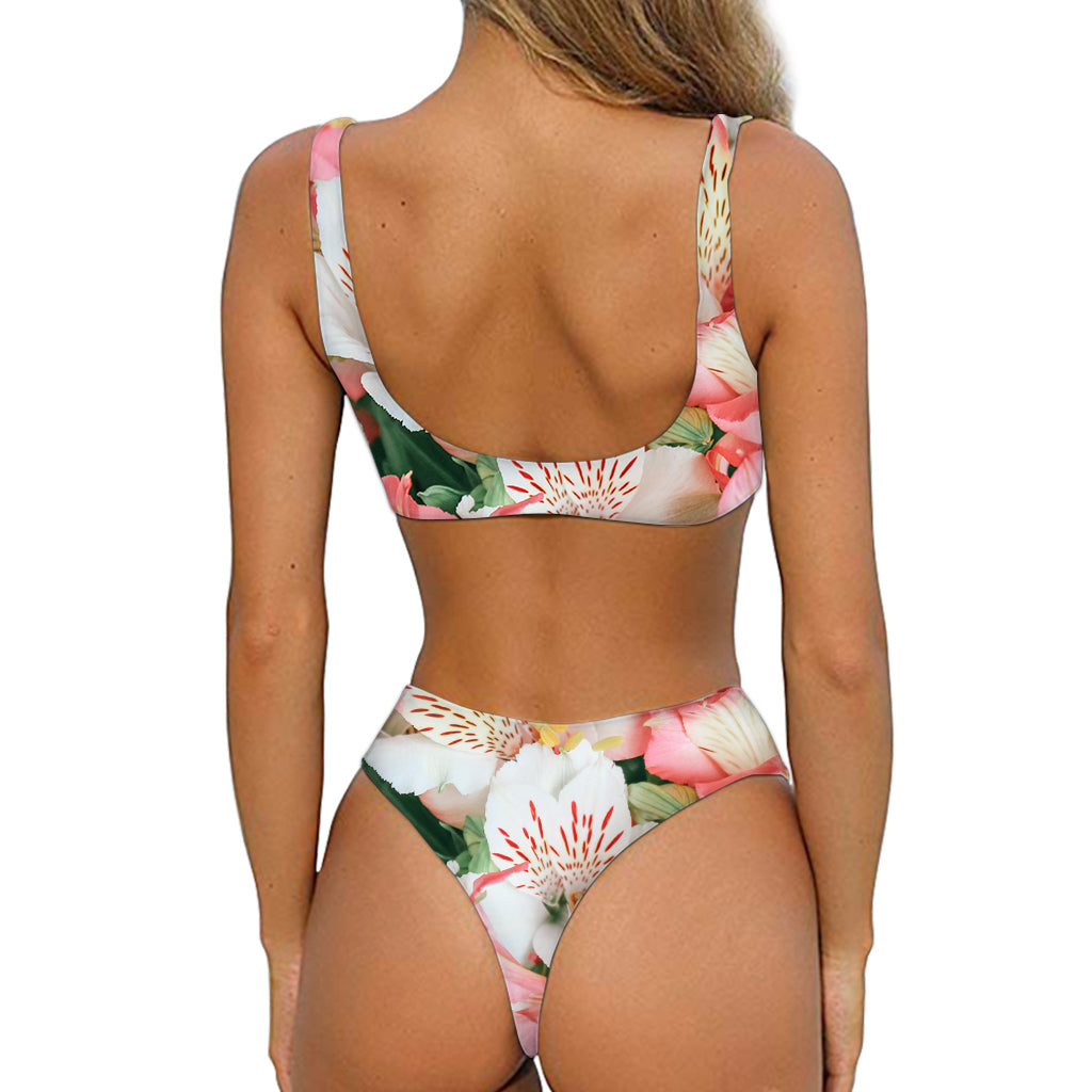 White And Pink Alstroemeria Print Front Bow Tie Bikini