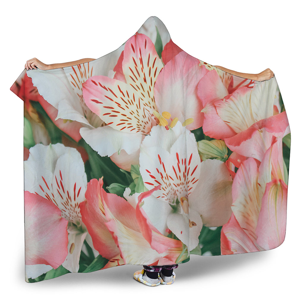 White And Pink Alstroemeria Print Hooded Blanket