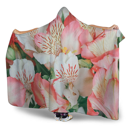 White And Pink Alstroemeria Print Hooded Blanket