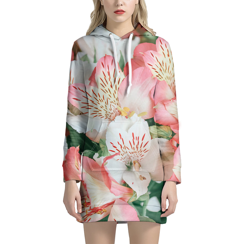 White And Pink Alstroemeria Print Hoodie Dress