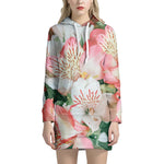 White And Pink Alstroemeria Print Hoodie Dress