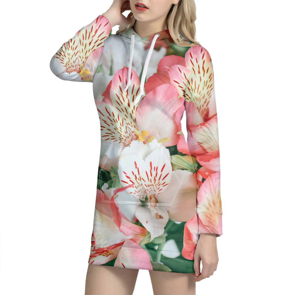 White And Pink Alstroemeria Print Hoodie Dress