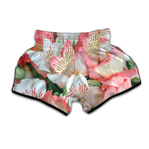 White And Pink Alstroemeria Print Muay Thai Boxing Shorts