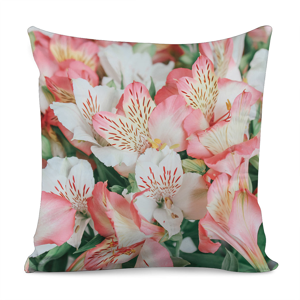 White And Pink Alstroemeria Print Pillow Cover