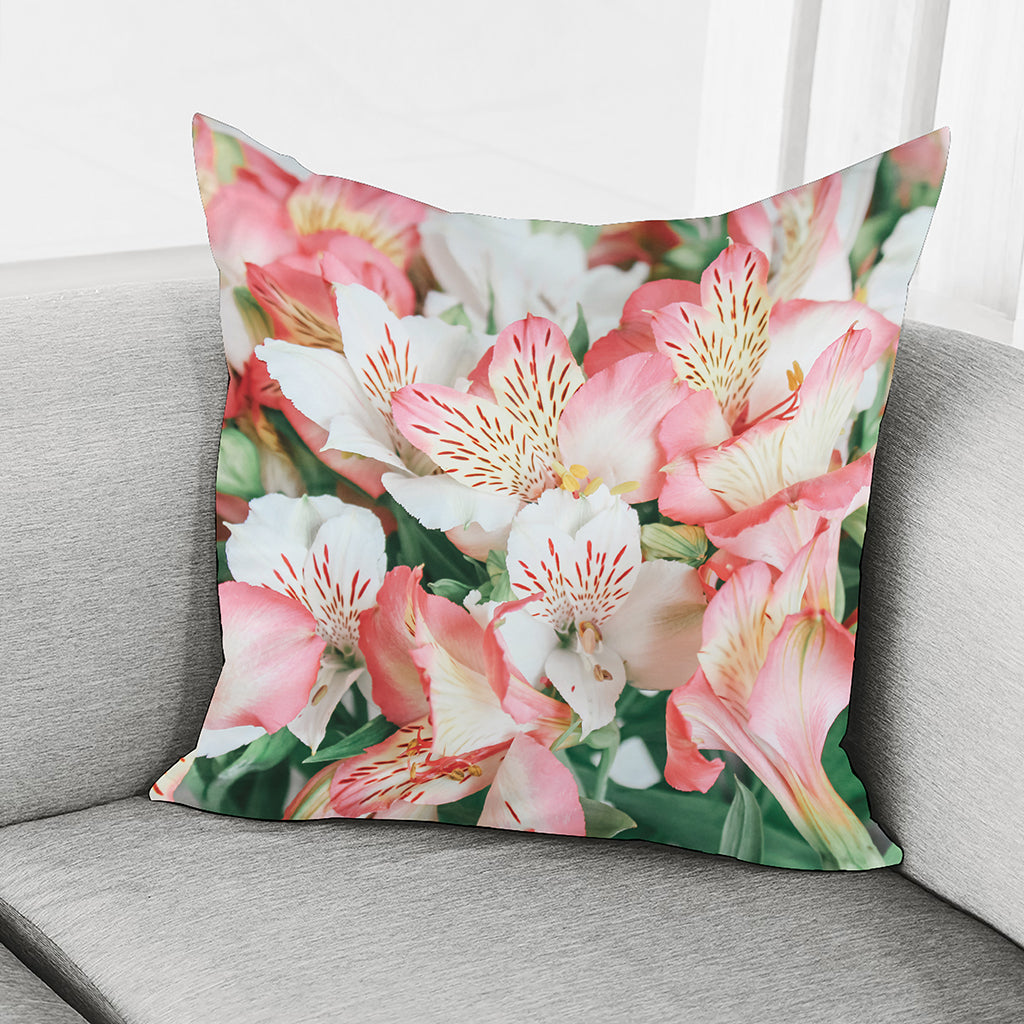 White And Pink Alstroemeria Print Pillow Cover