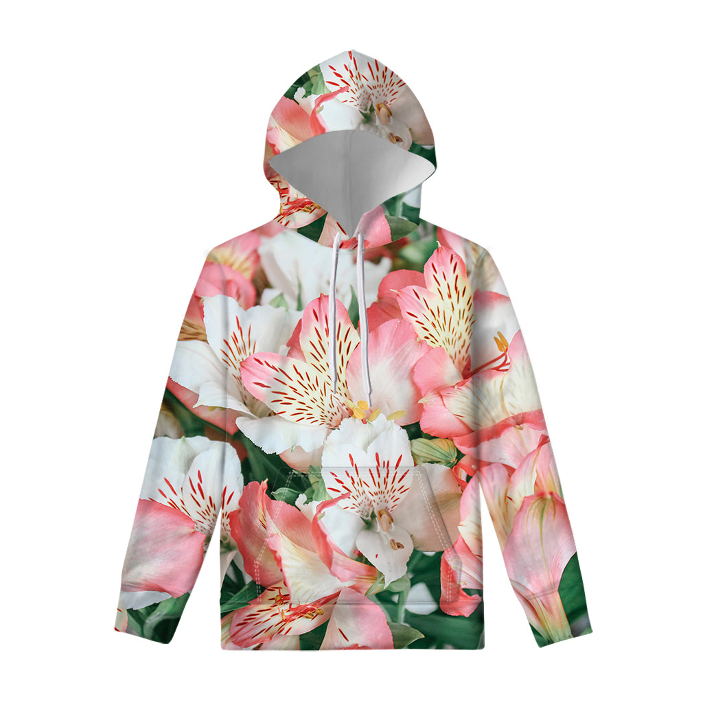 White And Pink Alstroemeria Print Pullover Hoodie