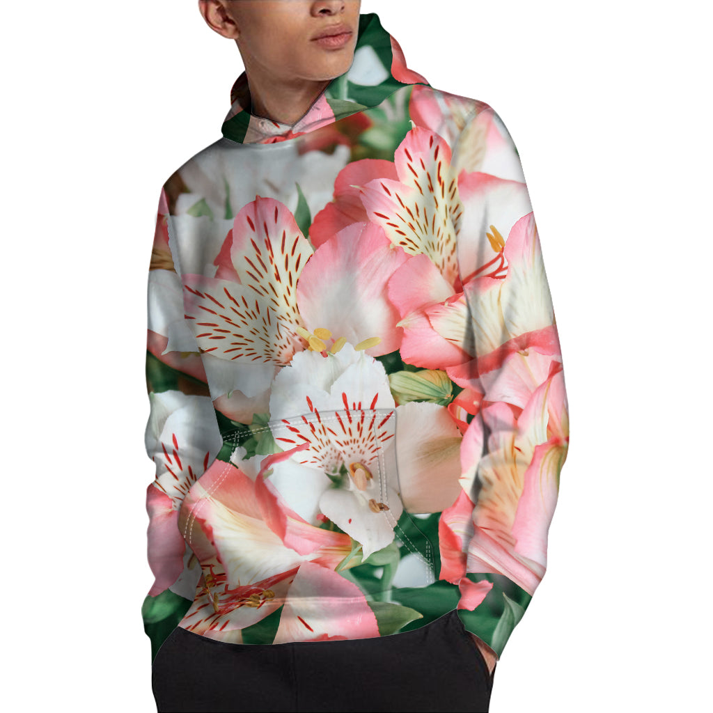 White And Pink Alstroemeria Print Pullover Hoodie