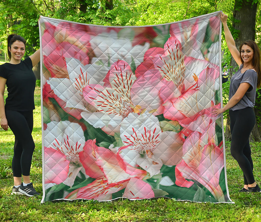 White And Pink Alstroemeria Print Quilt