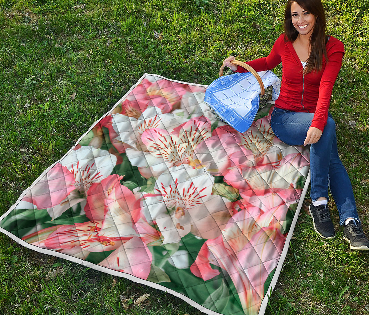 White And Pink Alstroemeria Print Quilt