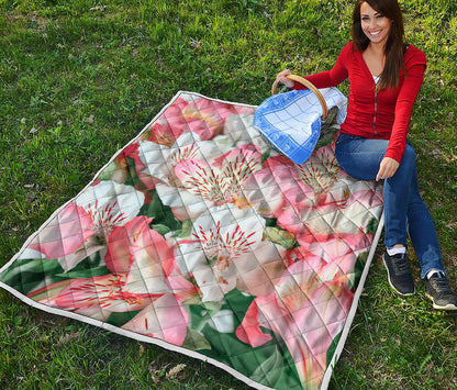 White And Pink Alstroemeria Print Quilt