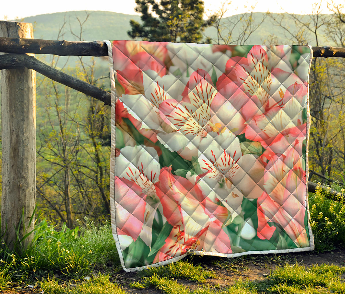 White And Pink Alstroemeria Print Quilt