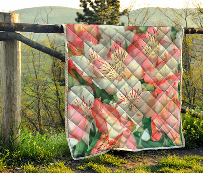 White And Pink Alstroemeria Print Quilt