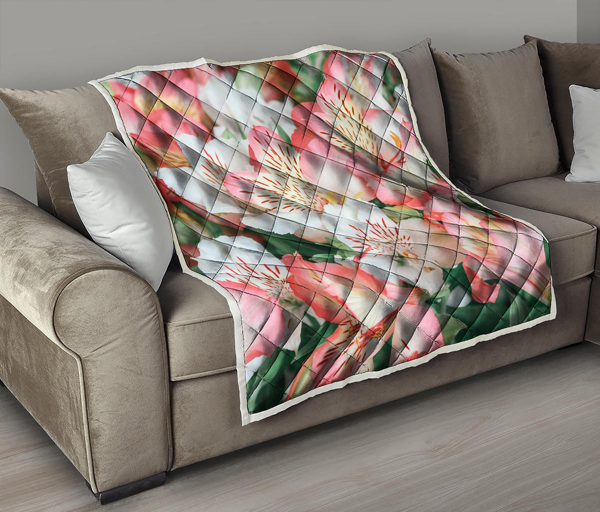 White And Pink Alstroemeria Print Quilt
