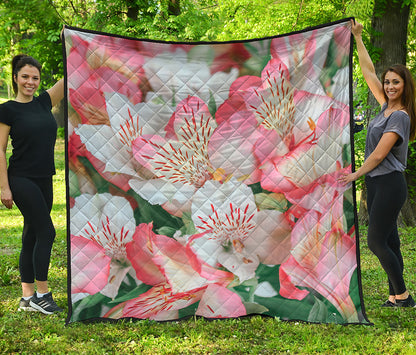 White And Pink Alstroemeria Print Quilt