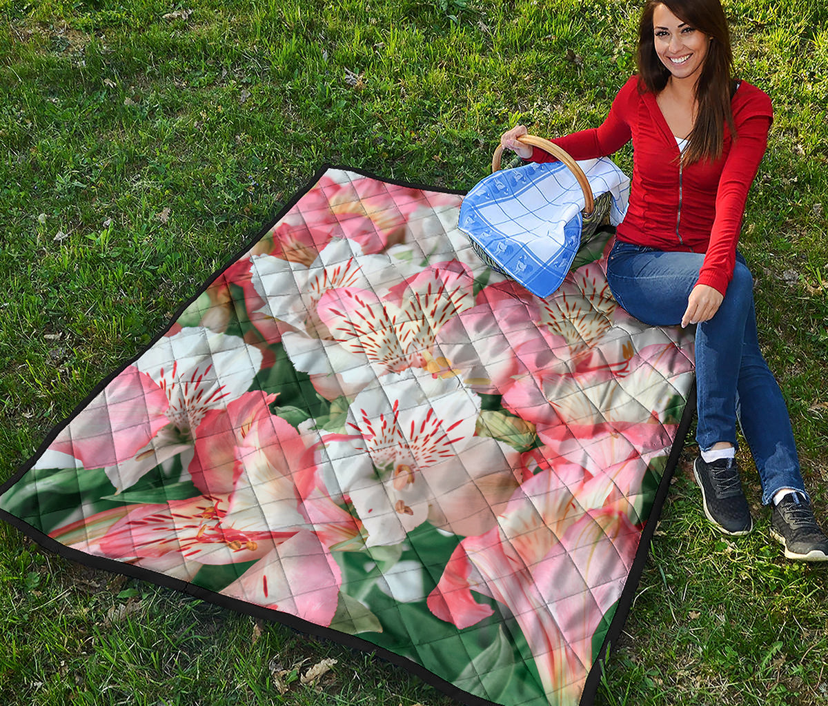 White And Pink Alstroemeria Print Quilt