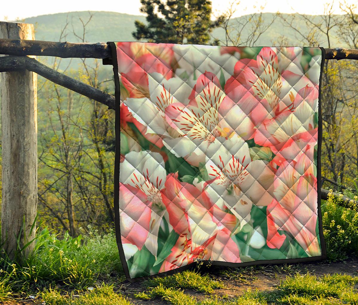 White And Pink Alstroemeria Print Quilt