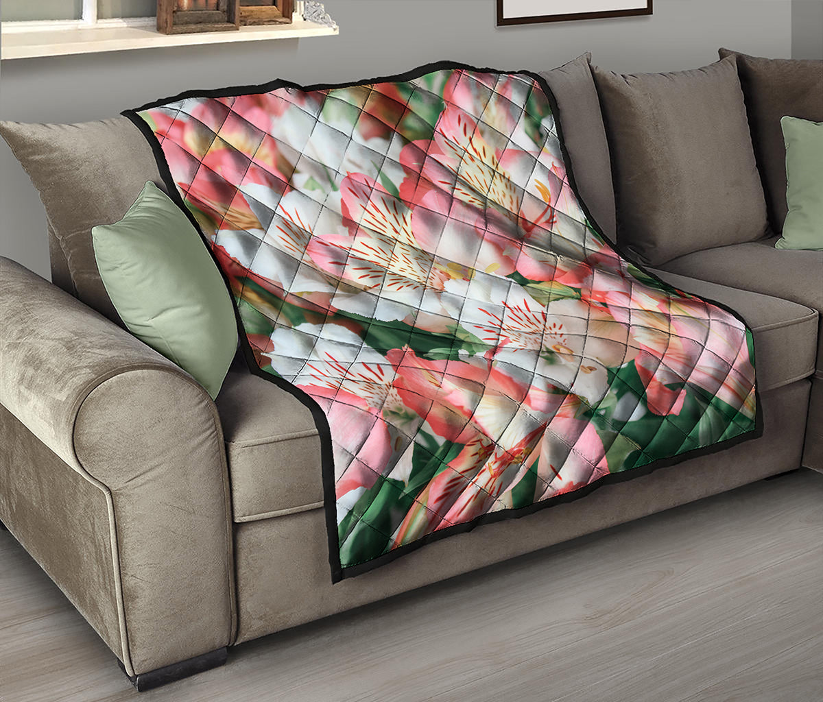 White And Pink Alstroemeria Print Quilt