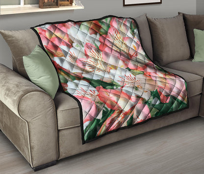 White And Pink Alstroemeria Print Quilt