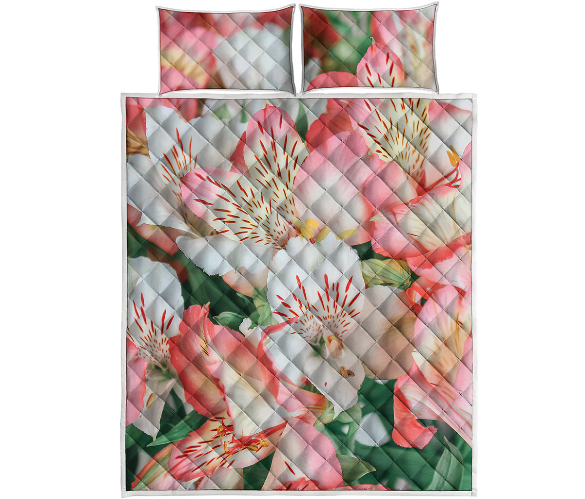 White And Pink Alstroemeria Print Quilt Bed Set