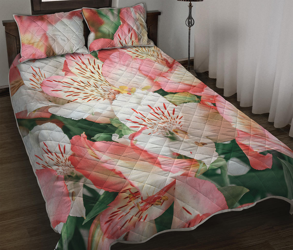 White And Pink Alstroemeria Print Quilt Bed Set