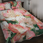 White And Pink Alstroemeria Print Quilt Bed Set