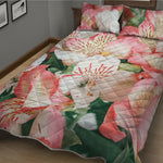 White And Pink Alstroemeria Print Quilt Bed Set