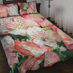 White And Pink Alstroemeria Print Quilt Bed Set