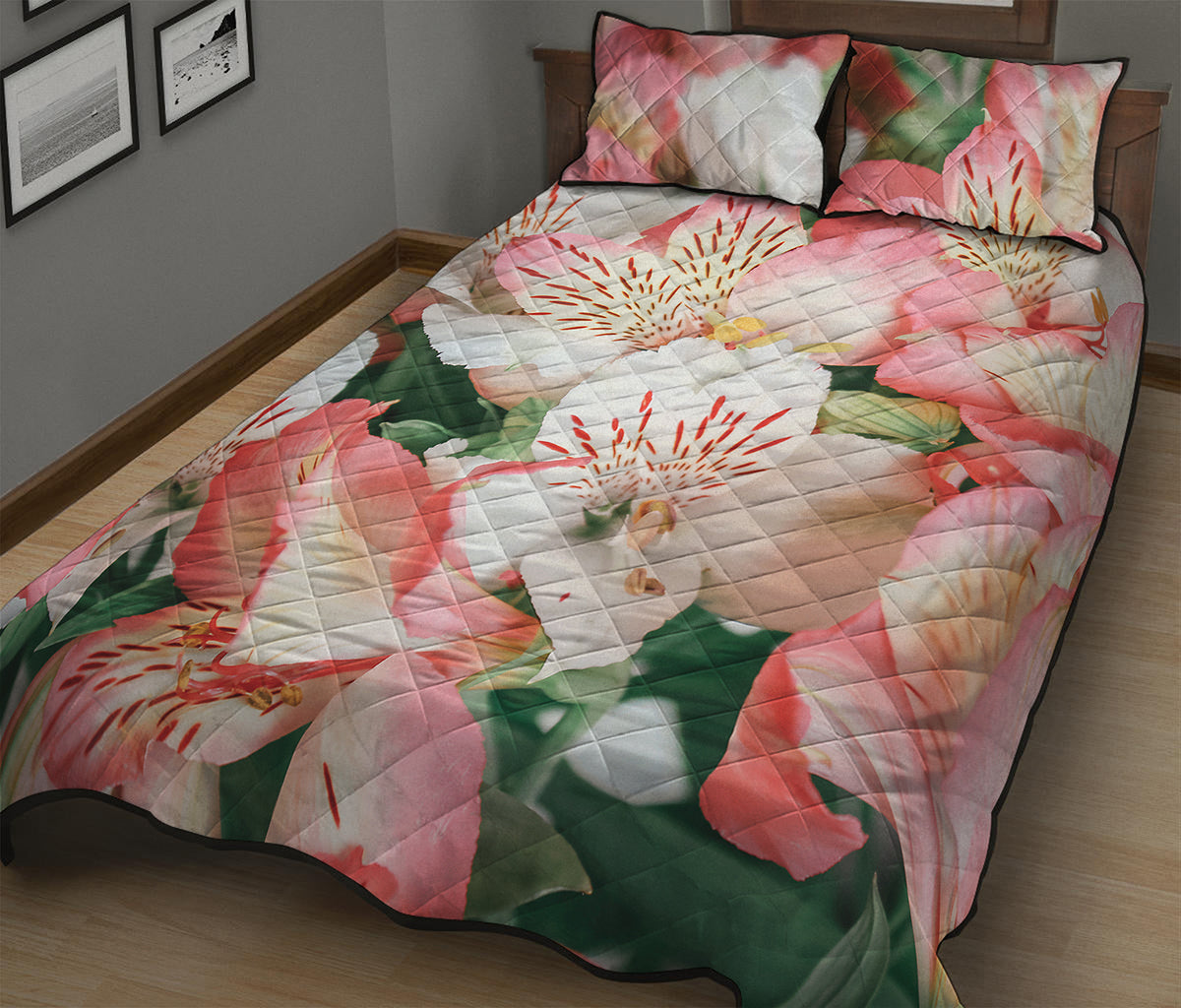 White And Pink Alstroemeria Print Quilt Bed Set