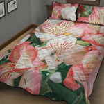 White And Pink Alstroemeria Print Quilt Bed Set