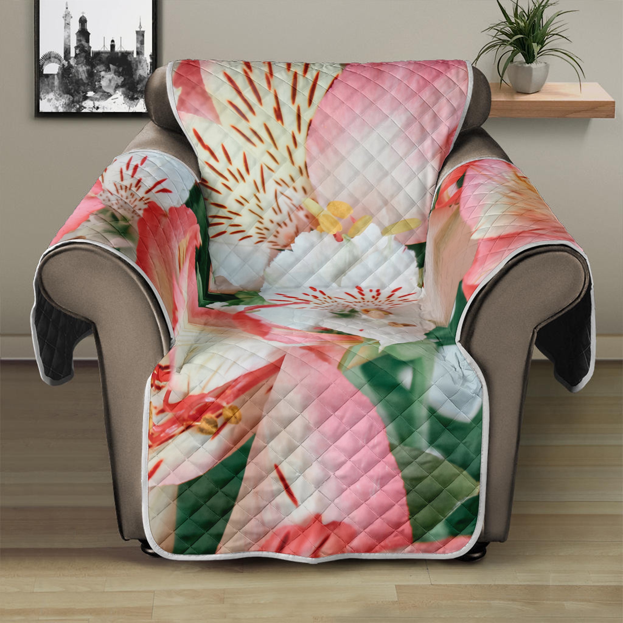 White And Pink Alstroemeria Print Recliner Protector