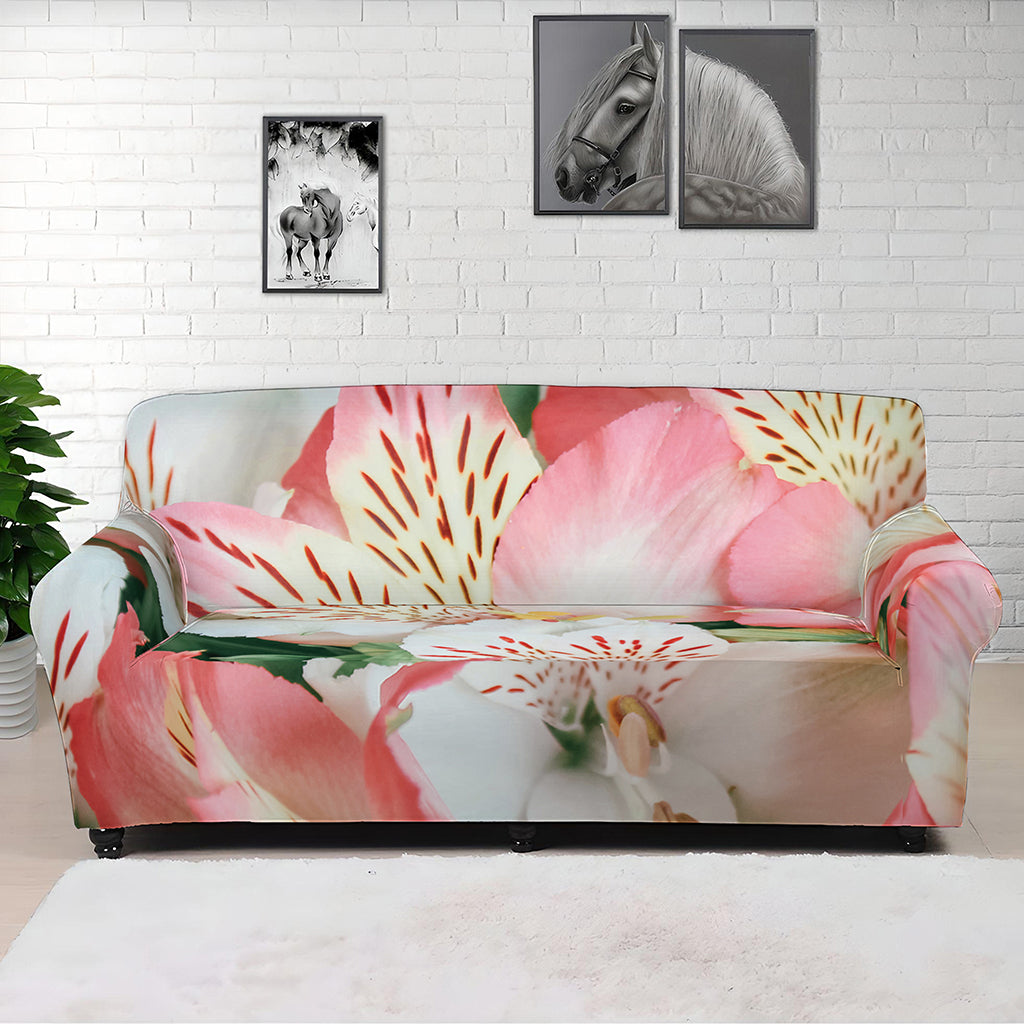 White And Pink Alstroemeria Print Sofa Cover