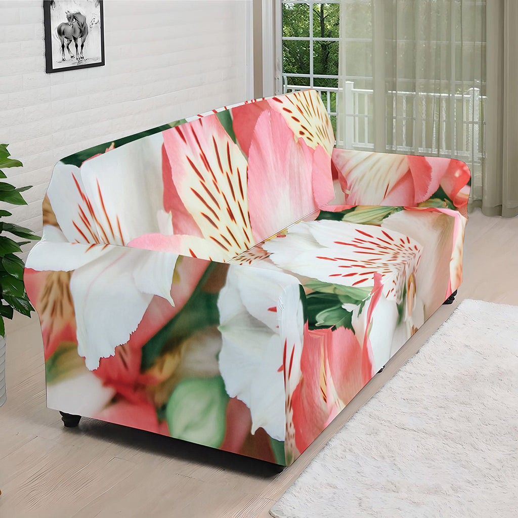 White And Pink Alstroemeria Print Sofa Cover