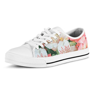 White And Pink Alstroemeria Print White Low Top Shoes