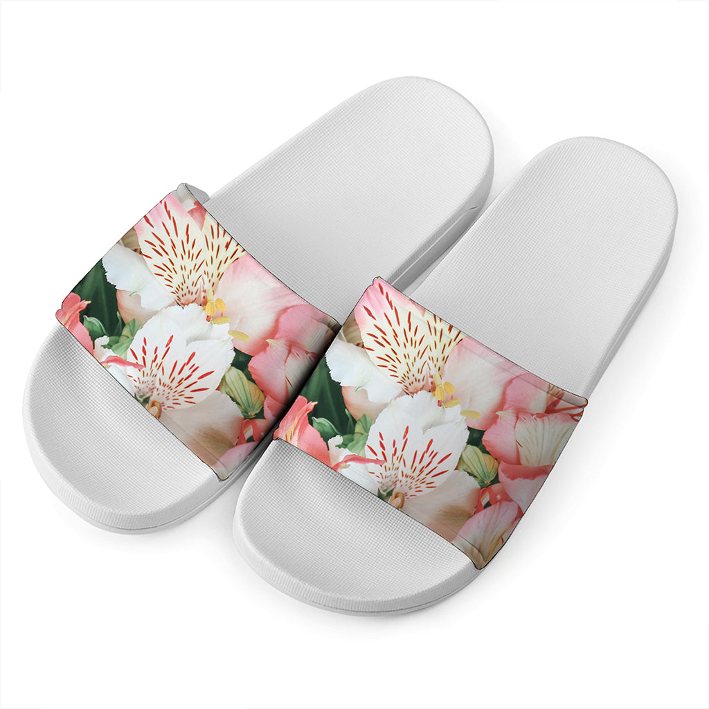 White And Pink Alstroemeria Print White Slide Sandals