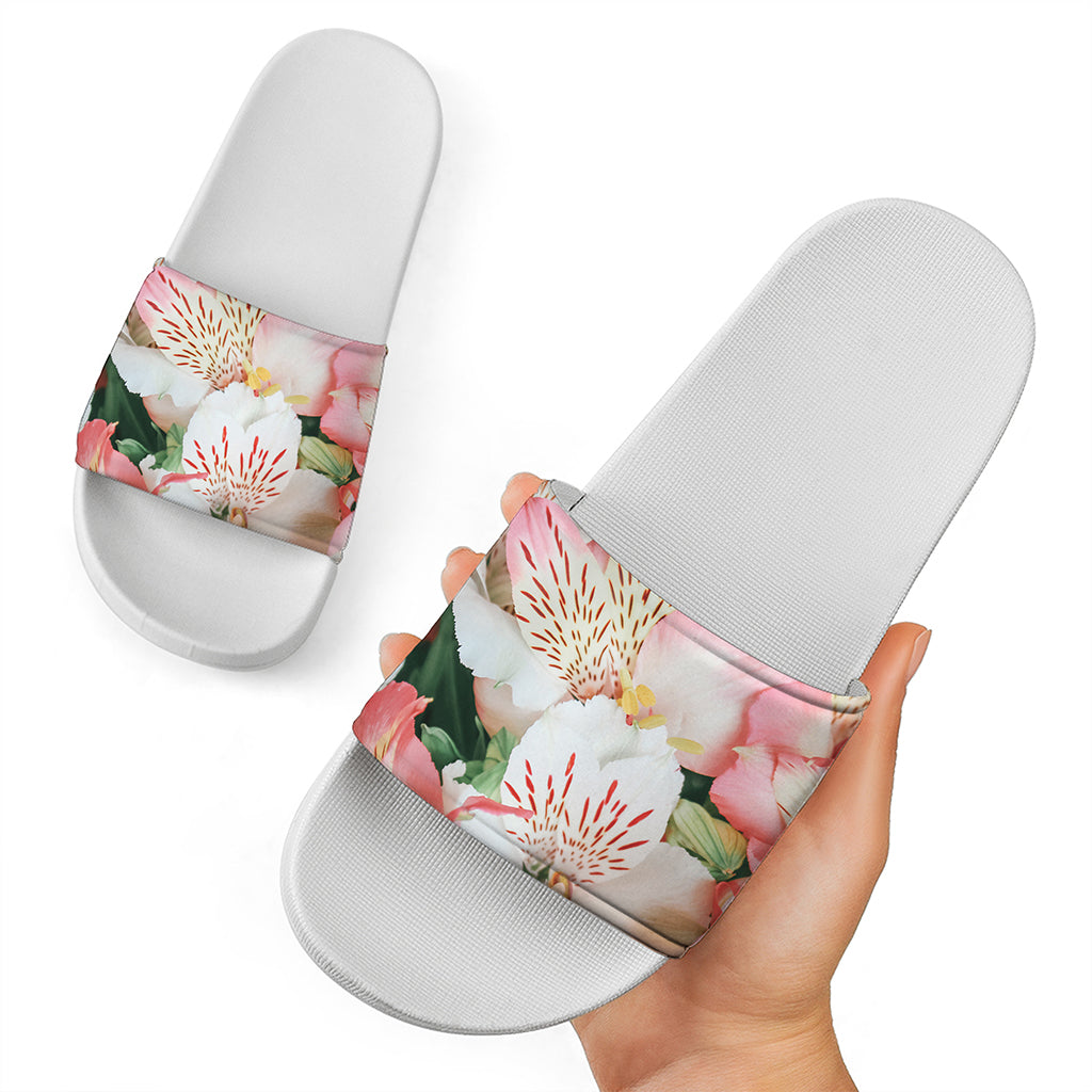 White And Pink Alstroemeria Print White Slide Sandals