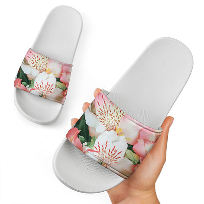White And Pink Alstroemeria Print White Slide Sandals