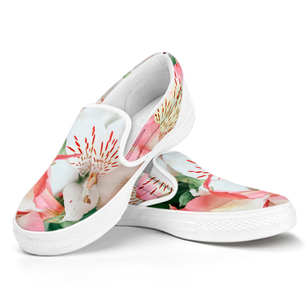 White And Pink Alstroemeria Print White Slip On Shoes