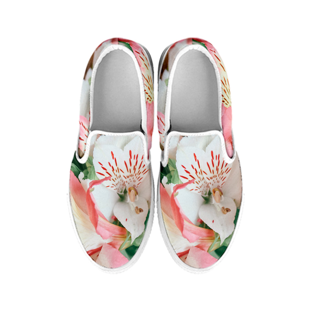 White And Pink Alstroemeria Print White Slip On Shoes