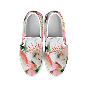 White And Pink Alstroemeria Print White Slip On Shoes