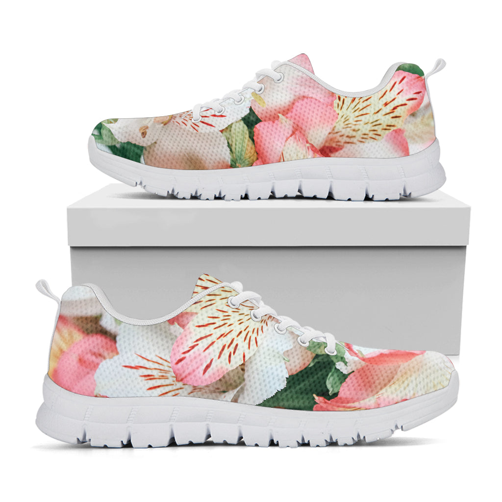 White And Pink Alstroemeria Print White Sneakers