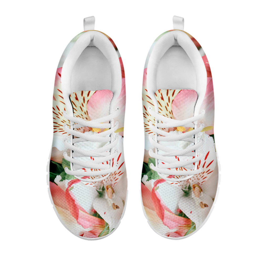 White And Pink Alstroemeria Print White Sneakers