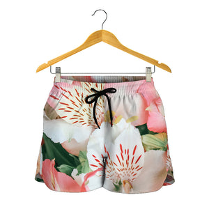 White And Pink Alstroemeria Print Women's Shorts