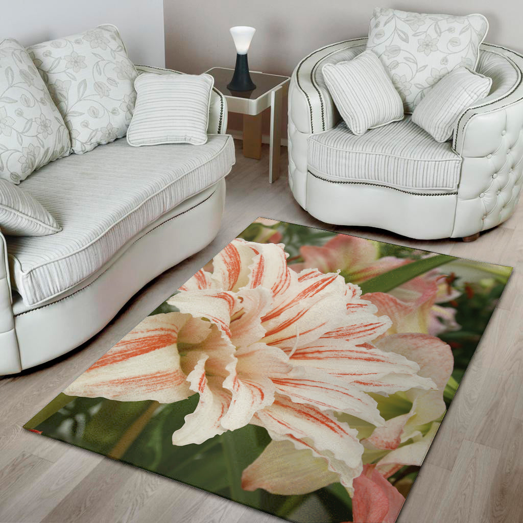 White And Pink Amaryllis Print Area Rug