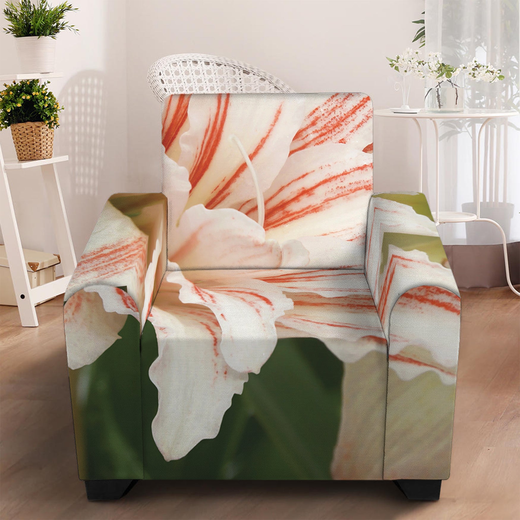 White And Pink Amaryllis Print Armchair Slipcover