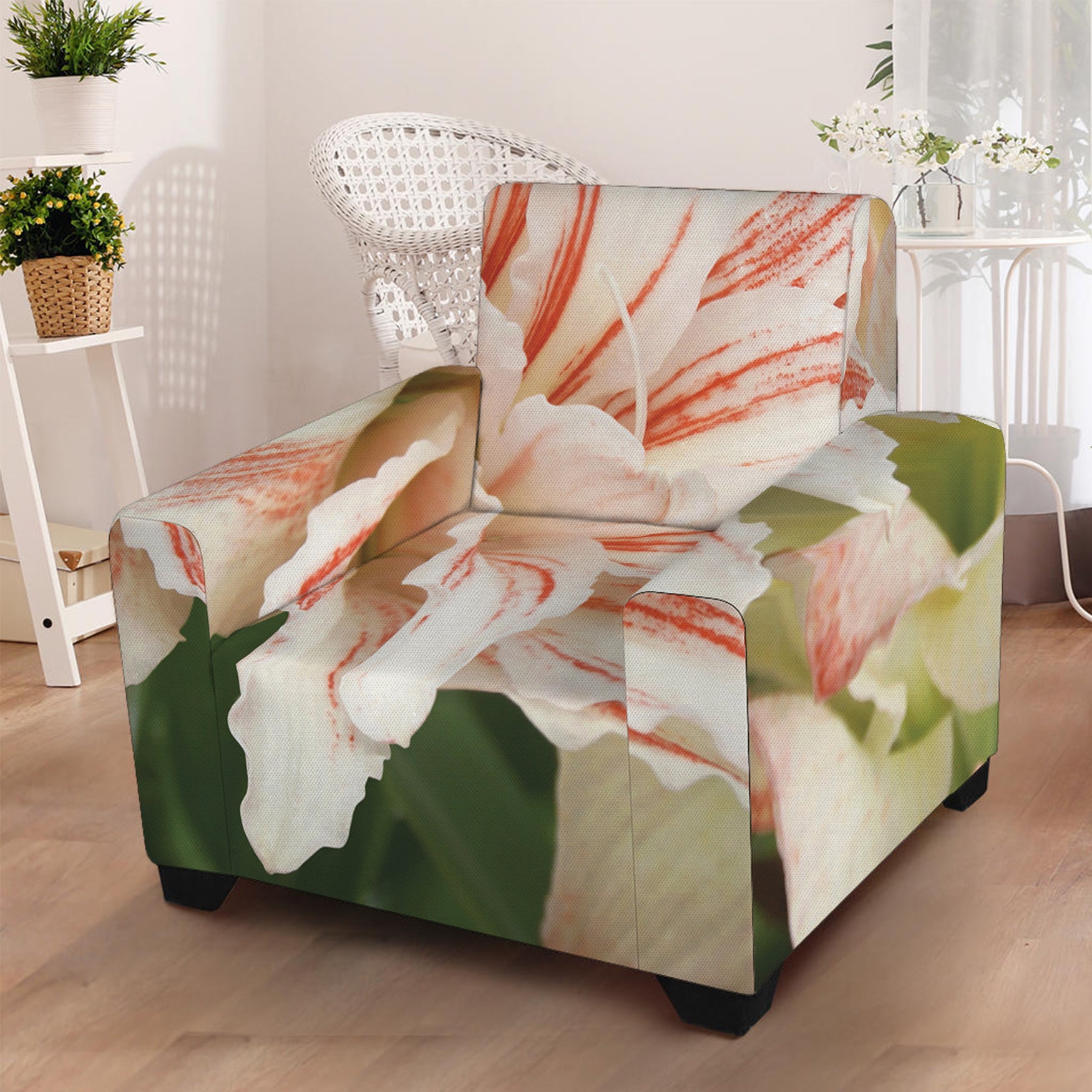 White And Pink Amaryllis Print Armchair Slipcover