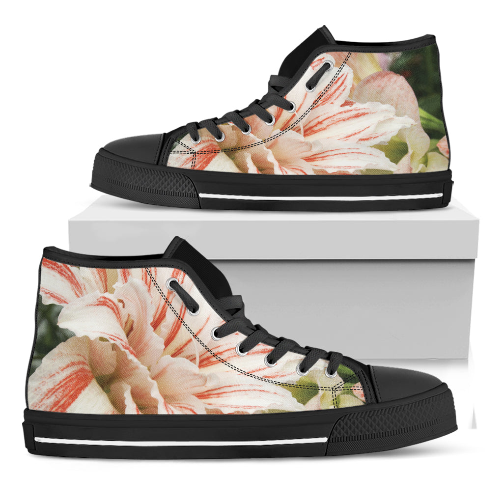 White And Pink Amaryllis Print Black High Top Shoes